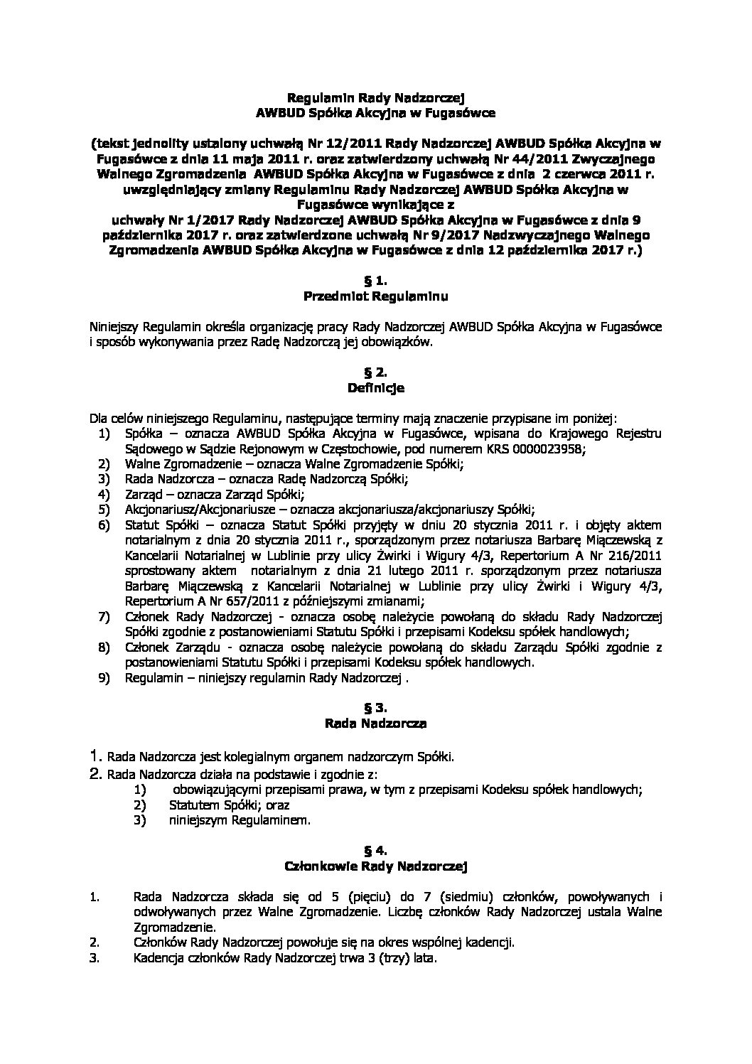 Rozporządzenie O Nadzorze Pedagogicznym 2015 Tekst Jednolity AWBUD S.A._Regulamin Rady Nadzorczej_tekst jednolity - PARTNER BUD